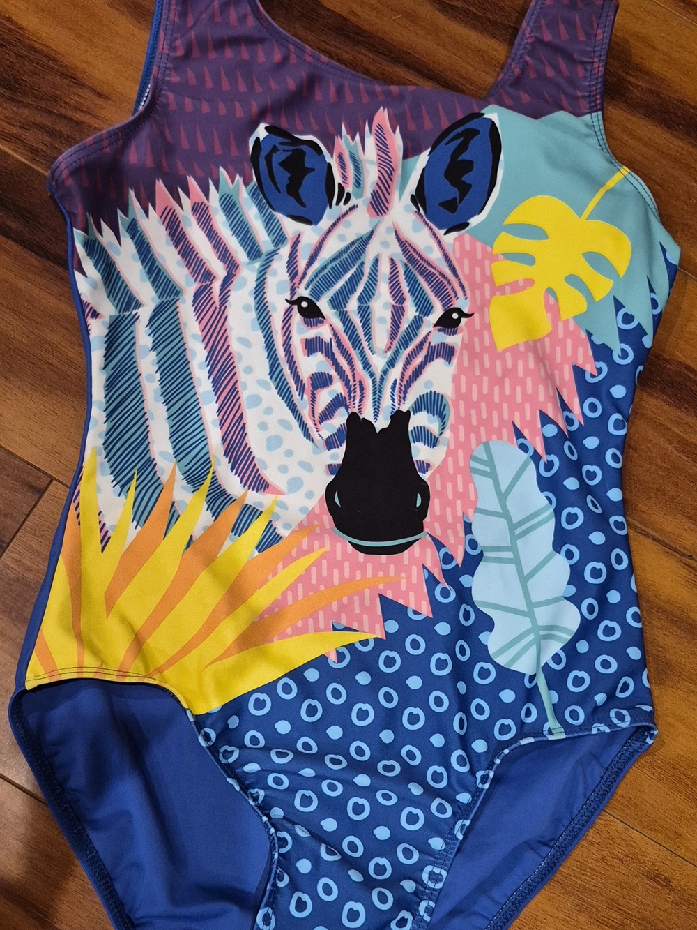 Girls' Blue Multicolor Zebra Print Gymnastic Leotard
